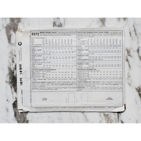 Easy 1990s Unlined Jacket Sewing Pattern- Size C (10, 12, 14) - Picture 2 of 2